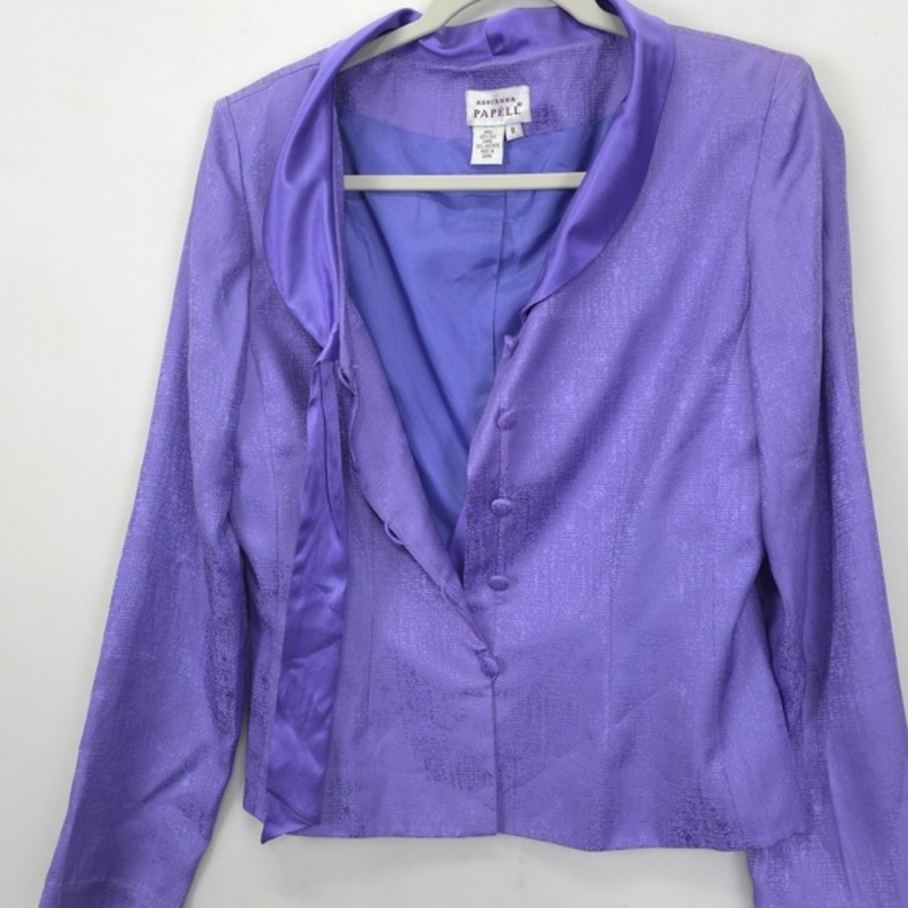 Adrianna Papell Silk Skirt Suit Set Purple Textured Tie Neck Career Wear VTG 90 - Picture 8 of 15